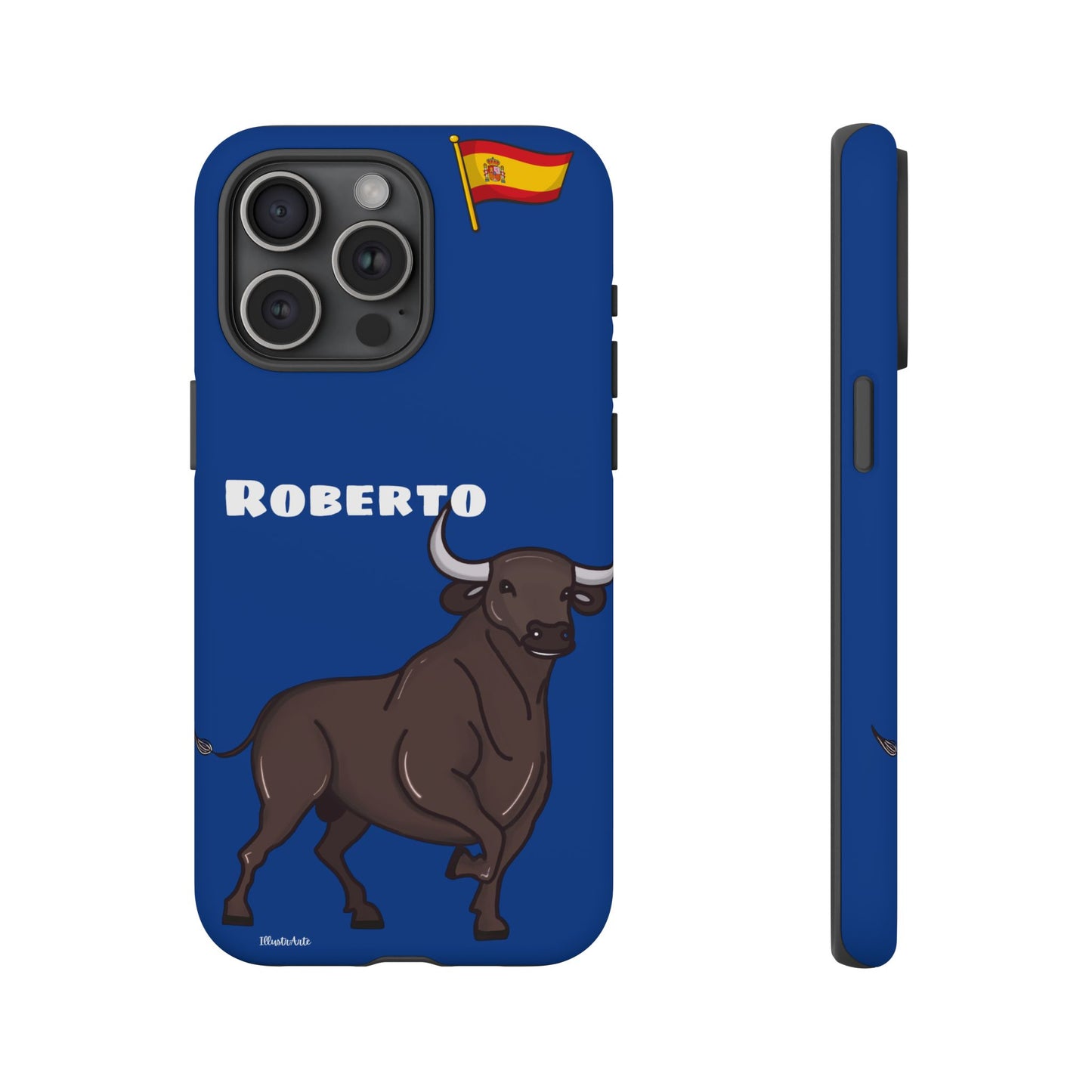 Funda de teléfono personalizable con nombre/bandera/Virgen - Modelo Toro Roberto, destacando su diseño cultural y original.