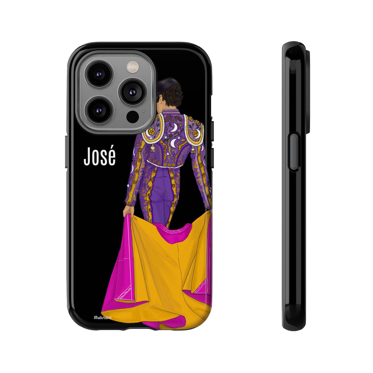 una funda de teléfono con una imagen de una mujer en un traje morado y amarillo