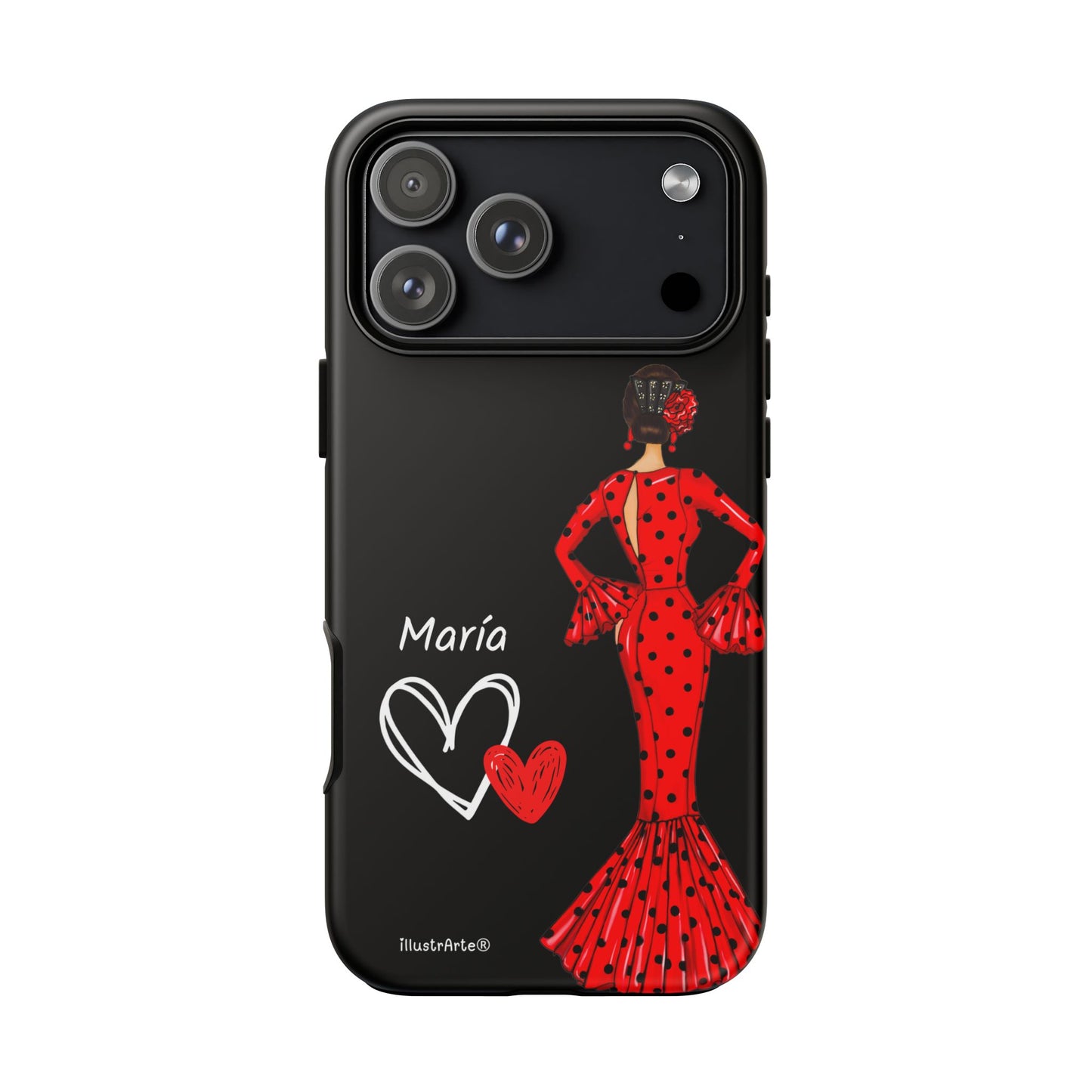 Capa de celular personalizável com nome/bandeira/Virgem - modelo Red Maria com cabelo escuro, fundo preto, para iPhone, Samsung e Google Pixel
