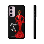 Personalised phone case flamenco dancer María, red dress, with a little Virgin Mary for Samsung Galaxy S23 Plus, gloss finish – illustrArte