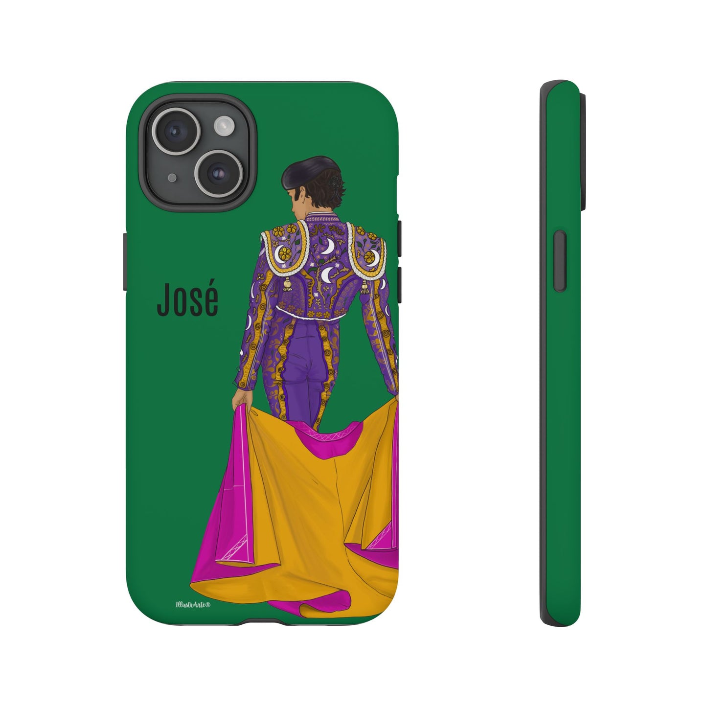 una funda de teléfono verde con una imagen de una mujer en un vestido púrpura y amarillo