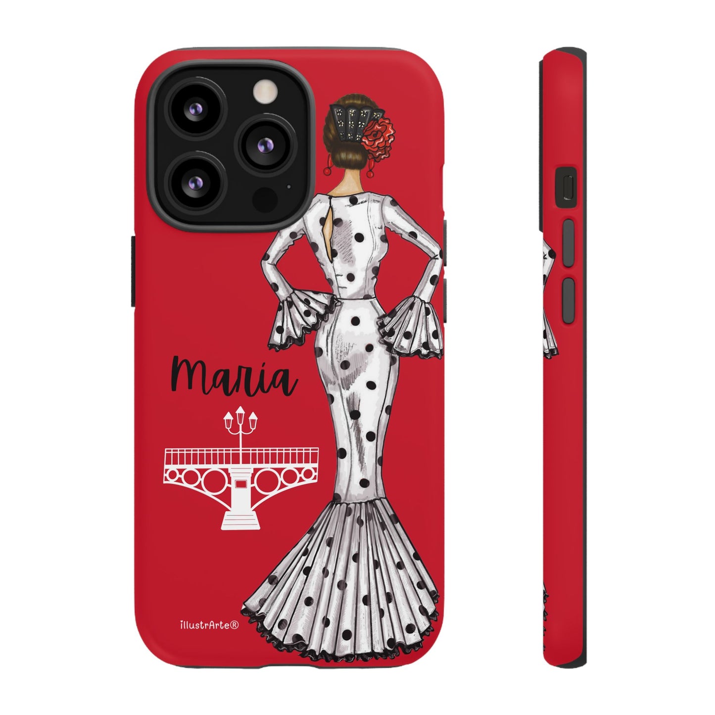 Primer plano de la funda de teléfono personalizable con nombre y bandera, ilustración de flamenca María, ideal para iPhone y Samsung.