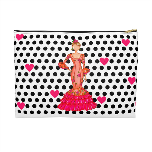 a polka dot purse with a woman in a pink dress