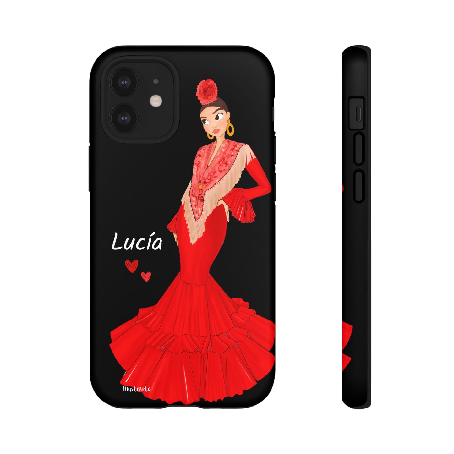 una funda de teléfono con una mujer en un vestido rojo