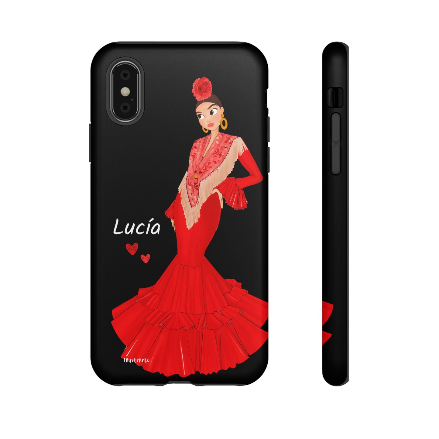 una funda de teléfono con una mujer en un vestido rojo