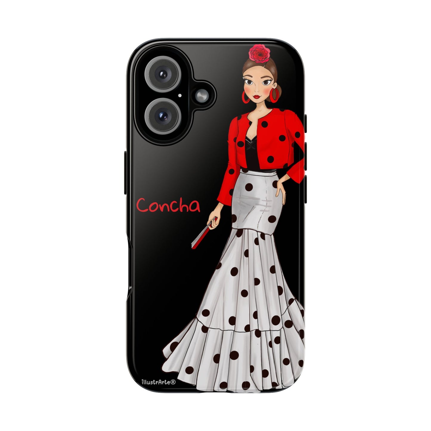 Funda de teléfono personalizable destacando el modelo Conchita en fondo negro.