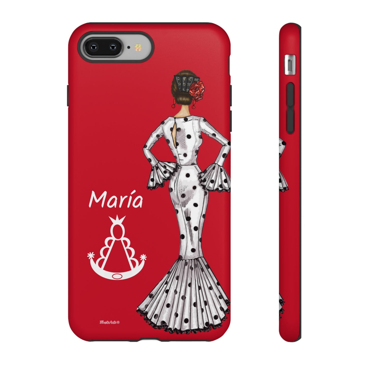 una funda de teléfono roja con una imagen de una mujer en un vestido