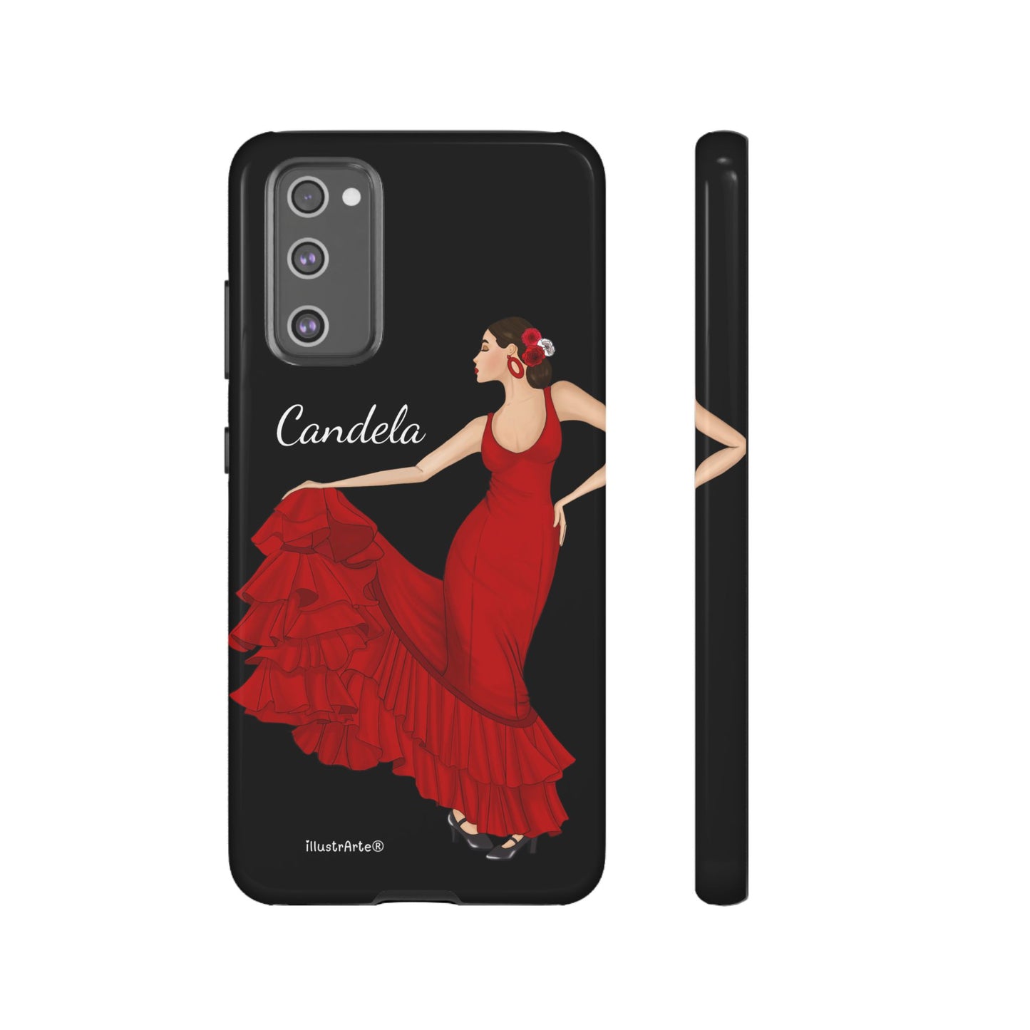Capa de telefone personalizável. Modelo Candela com fundo preto. Para iPhone, Samsung Galaxy S e Google Pixel. 