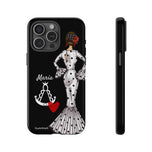 Personalised phone case flamenco dancer María Blanco, with the Virgen del Rocío for iPhone 15 Pro Max, gloss finish – illustrArte