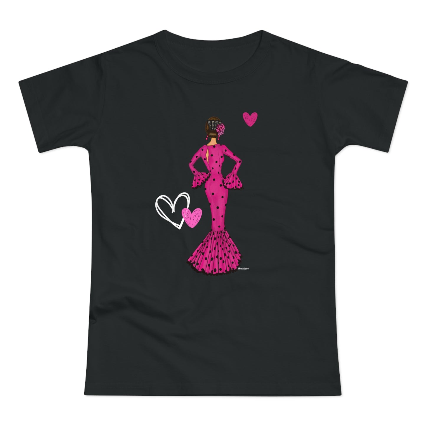 a t - shirt with a woman in a pink dress holding a heart