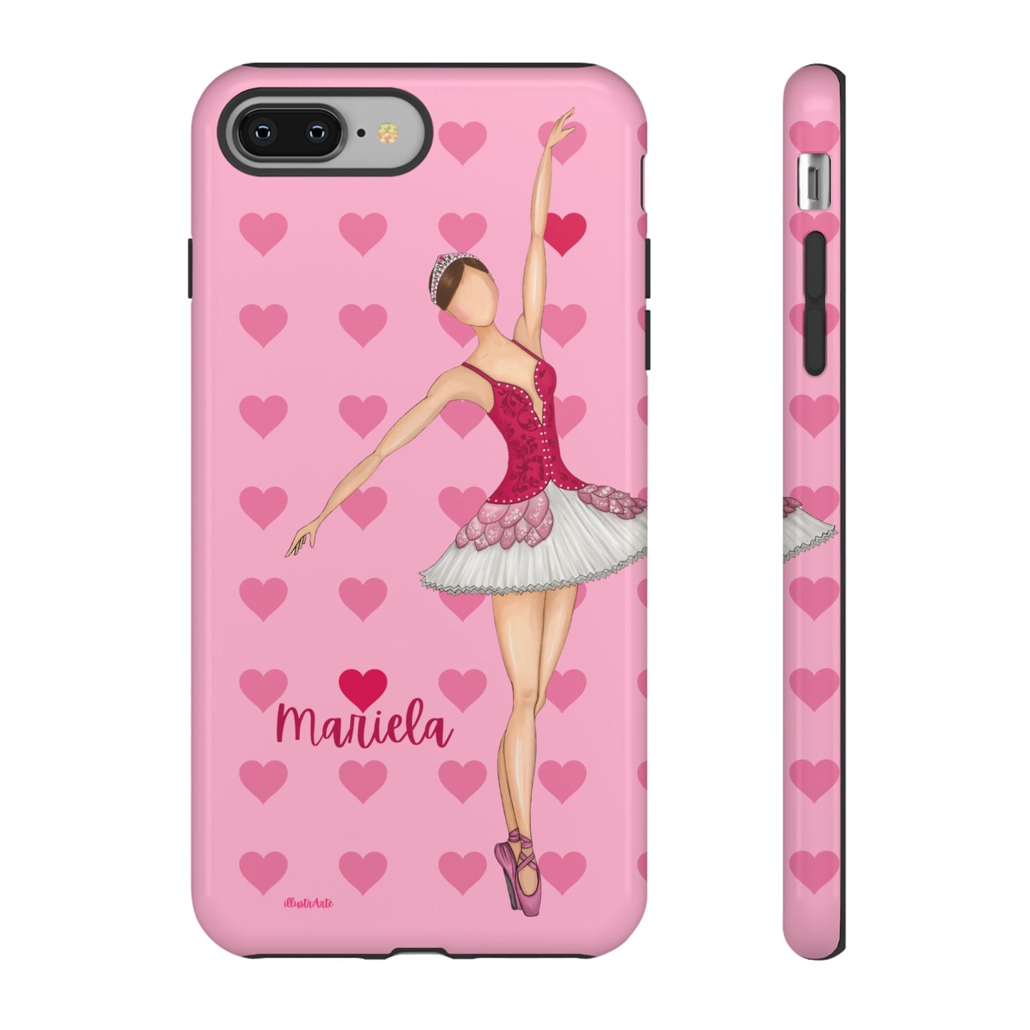 una funda de teléfono rosa con una bailarina en ella