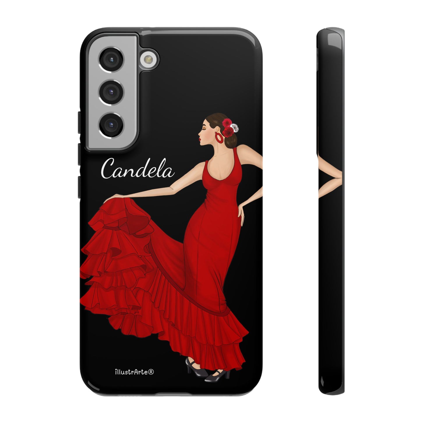 Capa de telefone personalizável. Modelo Candela com fundo preto. Para iPhone, Samsung Galaxy S e Google Pixel. 