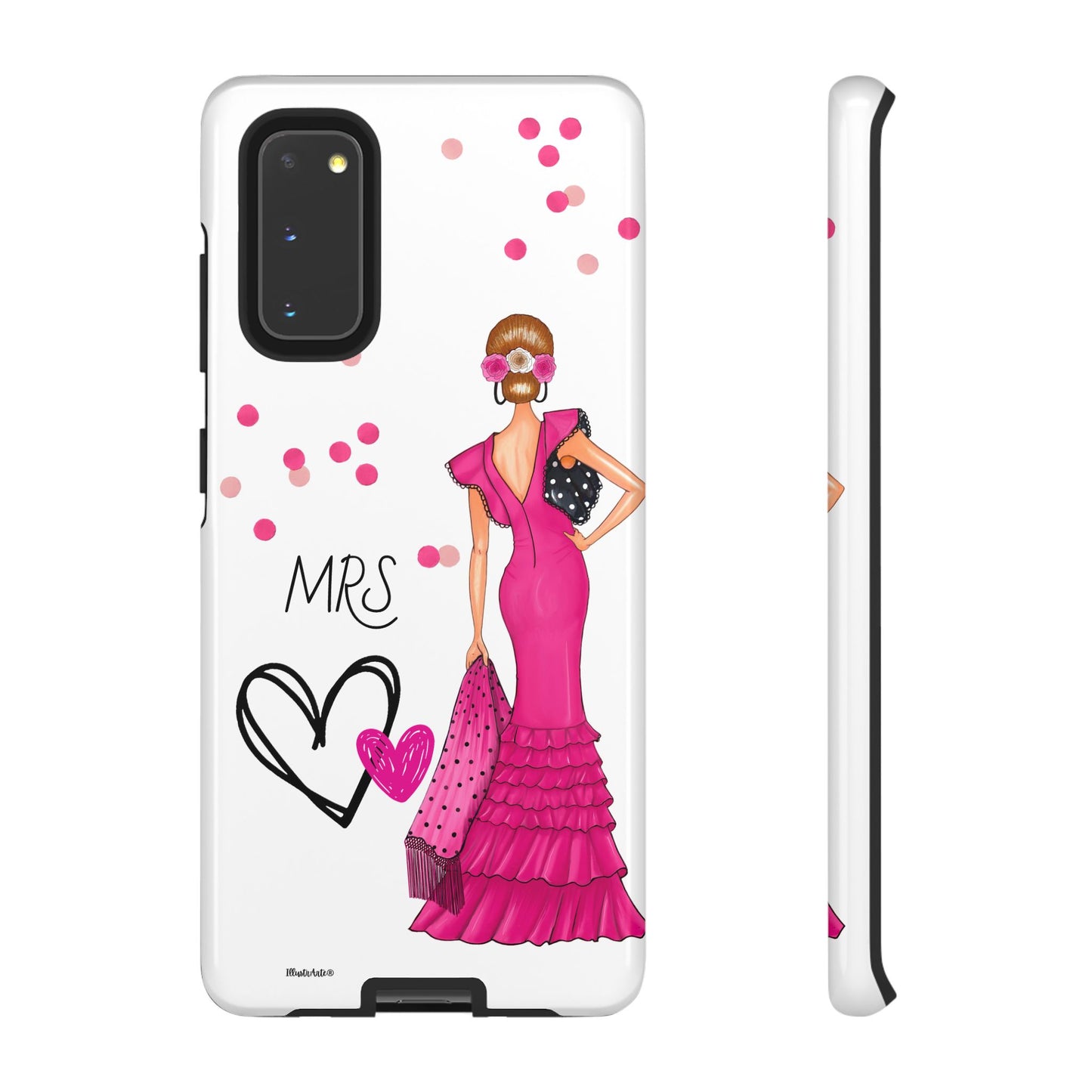 una funda de teléfono con una mujer en un vestido rosa