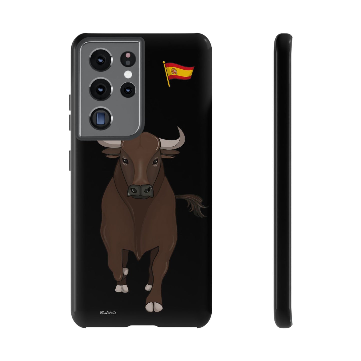 Imagen de la funda de teléfono toro Manuel, mostrando sus acabados mate y brillante.