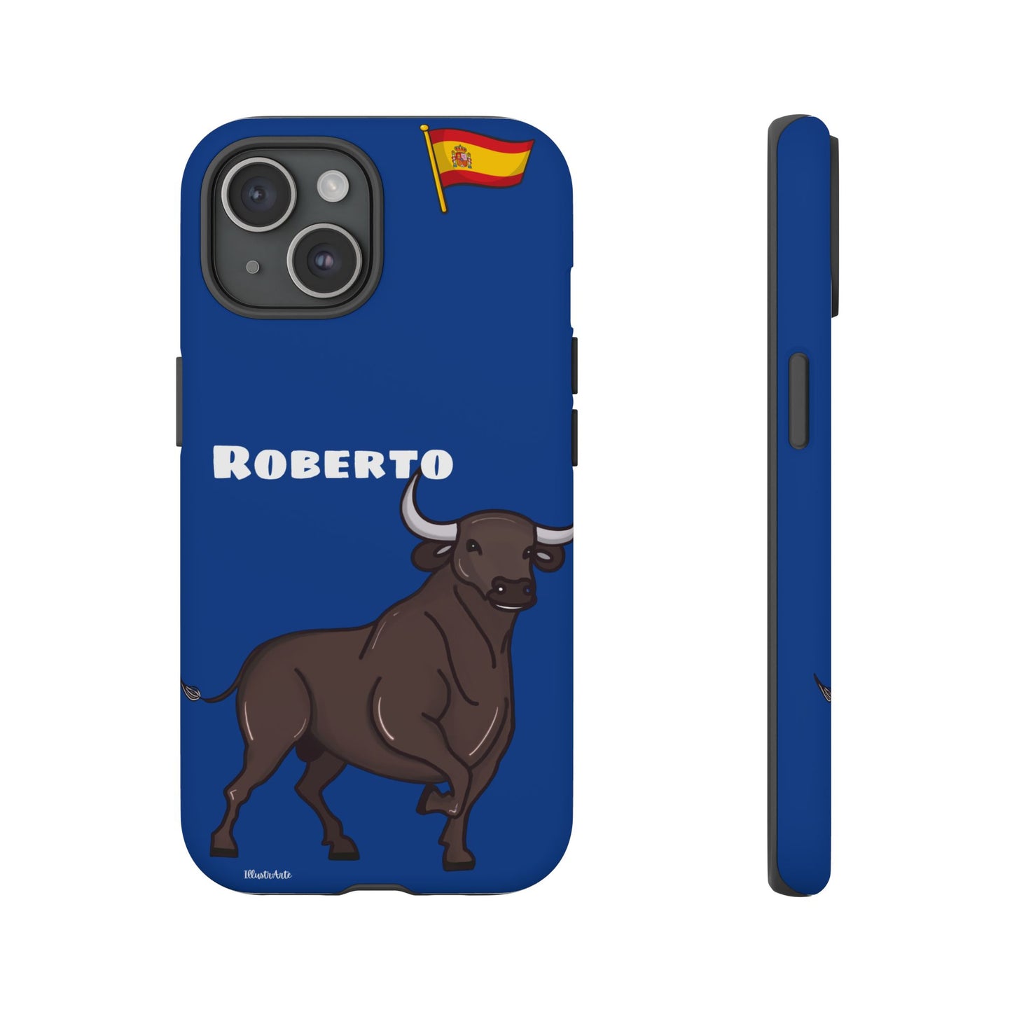 Funda de teléfono personalizable con nombre/bandera/Virgen - Modelo Toro Roberto, ideal para quienes buscan personalización.