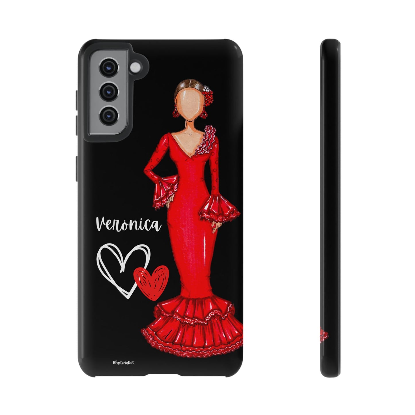 una funda de teléfono con un dibujo de una mujer con un vestido rojo