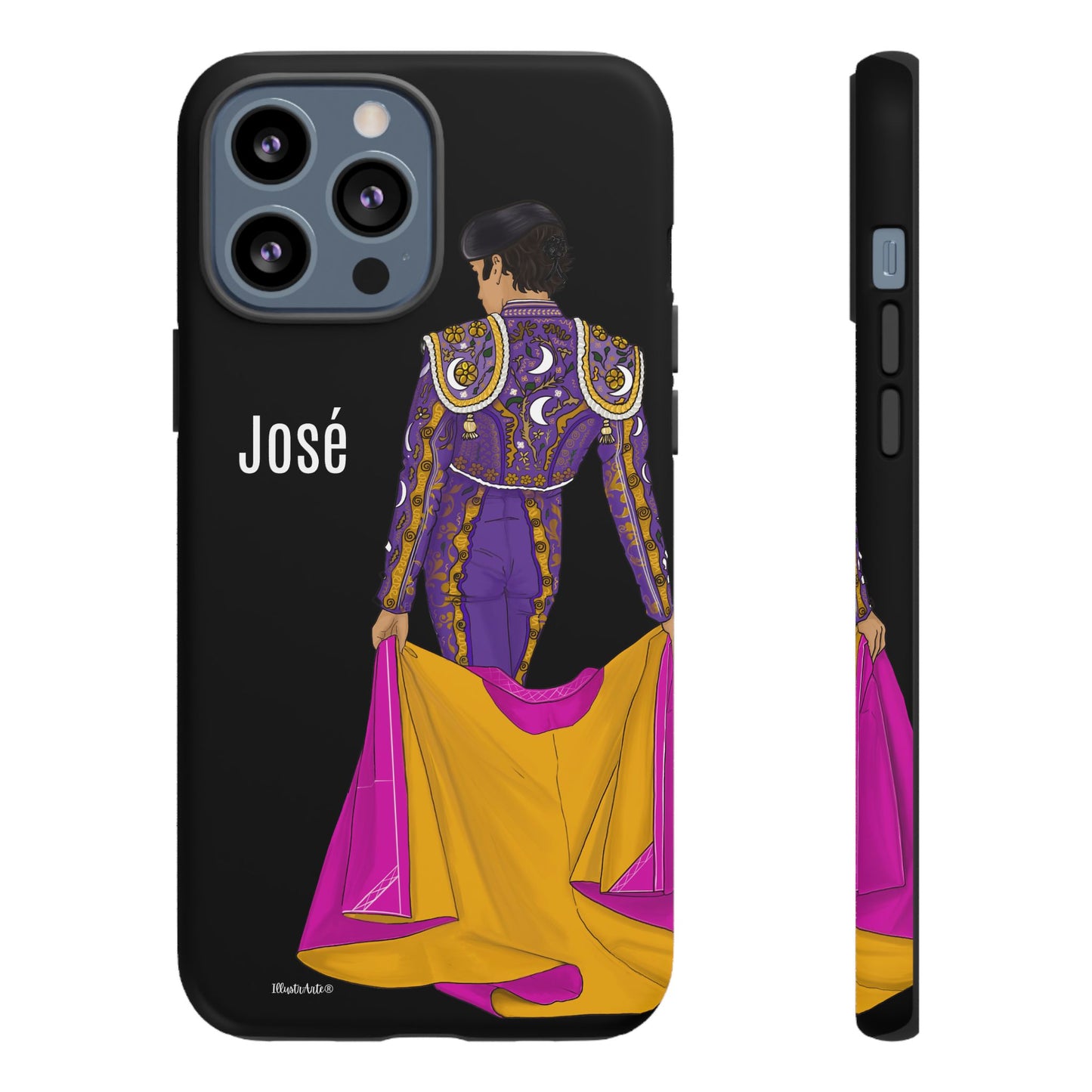 una funda de teléfono con una imagen de un hombre en un traje morado y amarillo