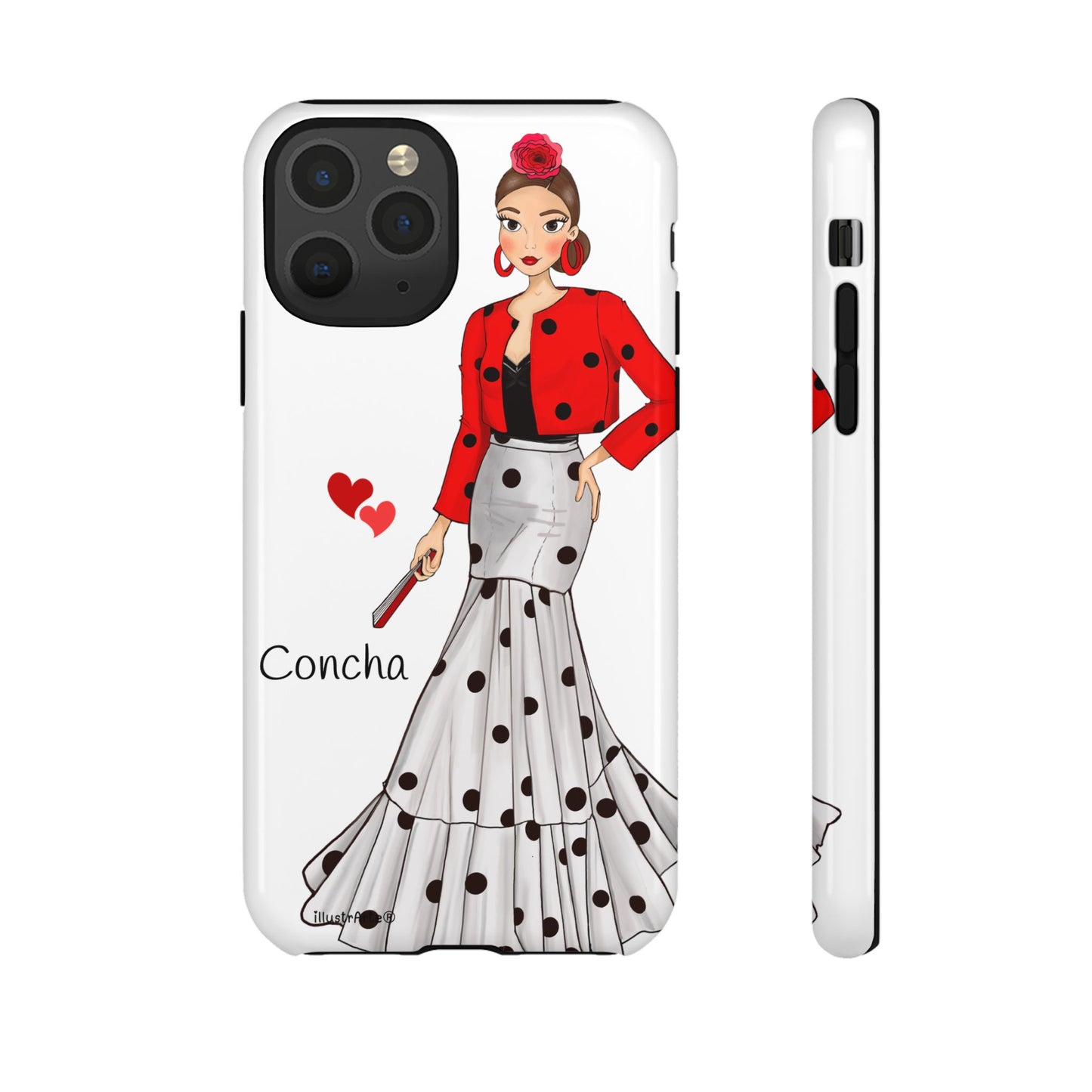 Funda de teléfono personalizable con el diseño de la Virgen y estilo flamenco, modelo Conchita en fondo blanco para dispositivos móviles.