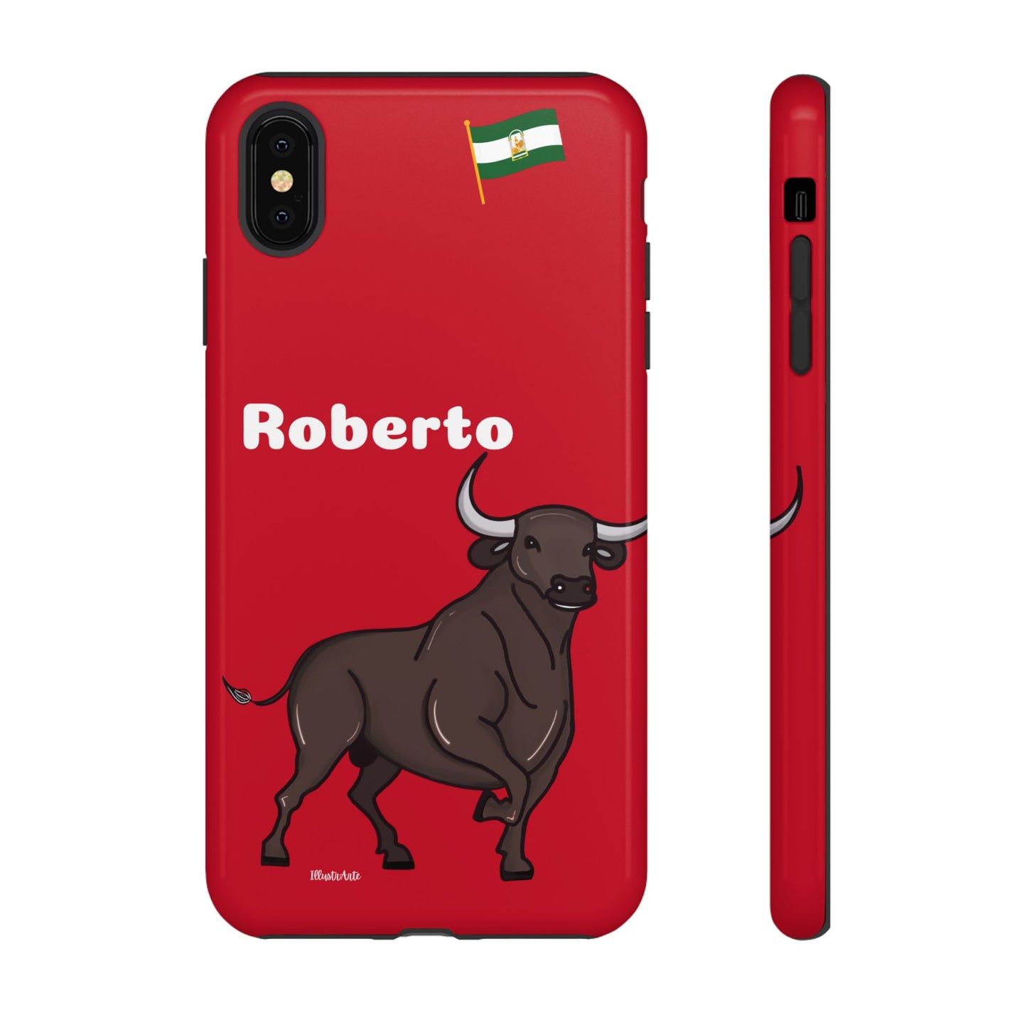 una funda de teléfono roja con un toro en ella