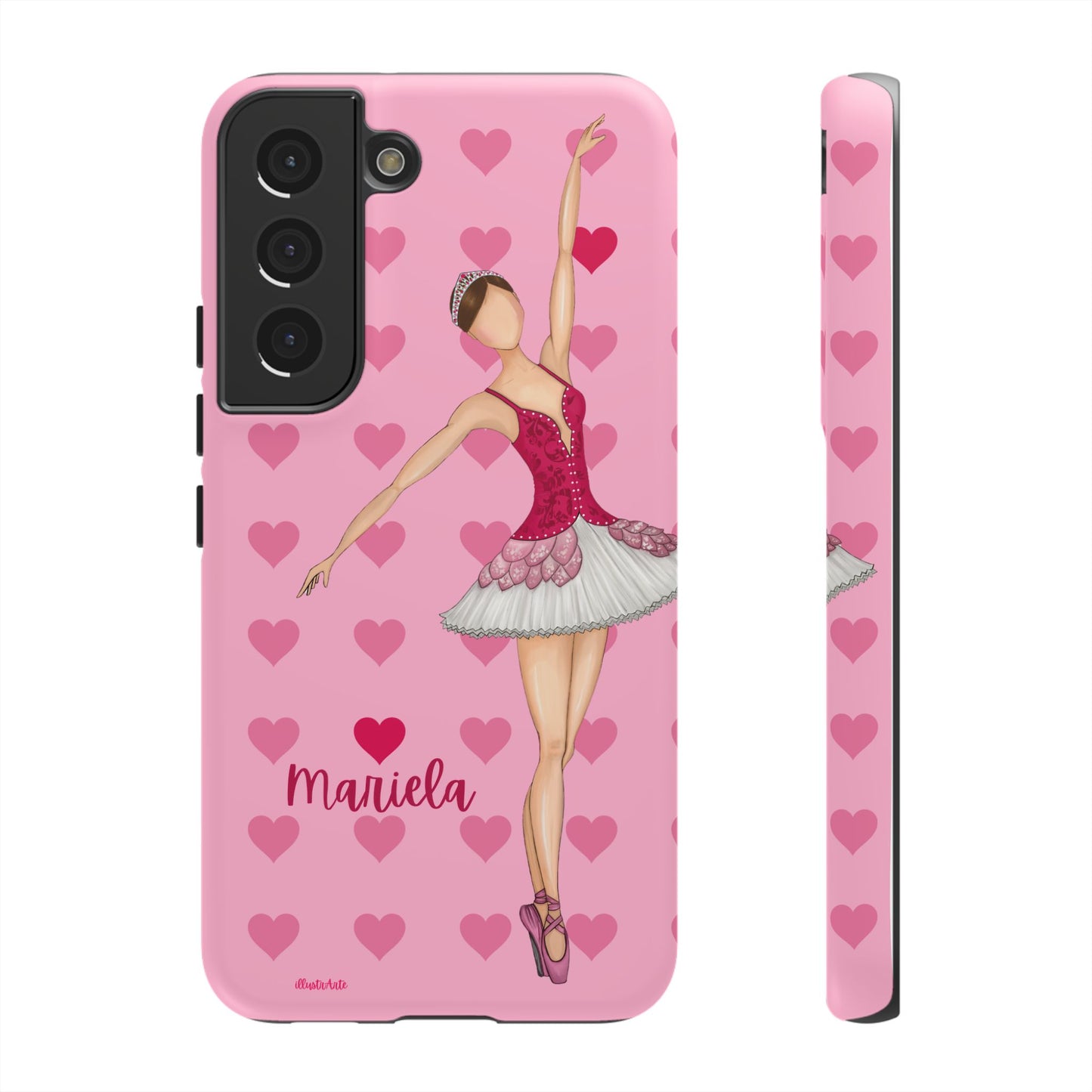 una funda de teléfono rosa con una bailarina en ella