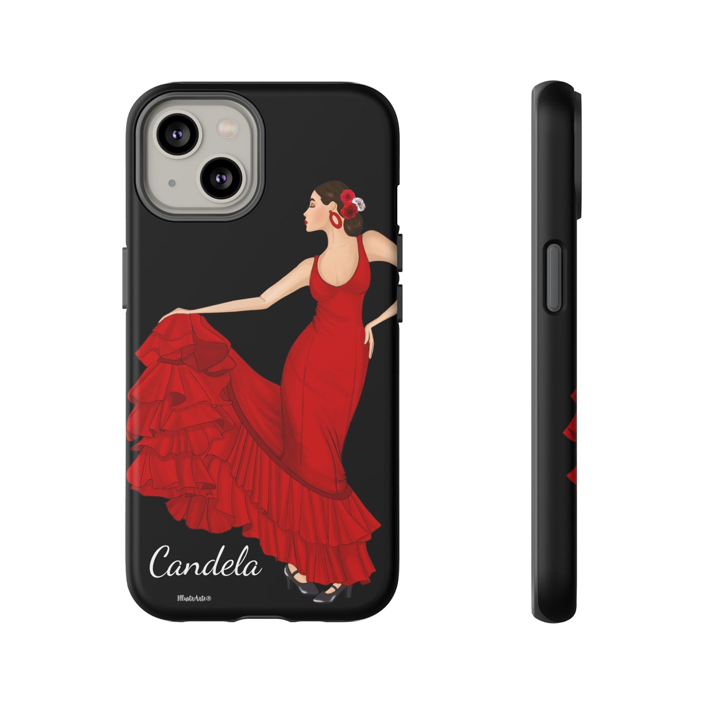 una funda de teléfono con una imagen de una mujer en un vestido rojo