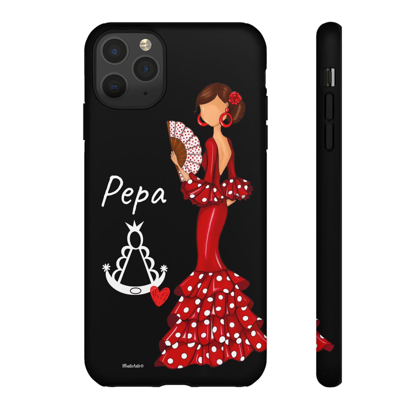 una funda de teléfono con una mujer en un vestido rojo