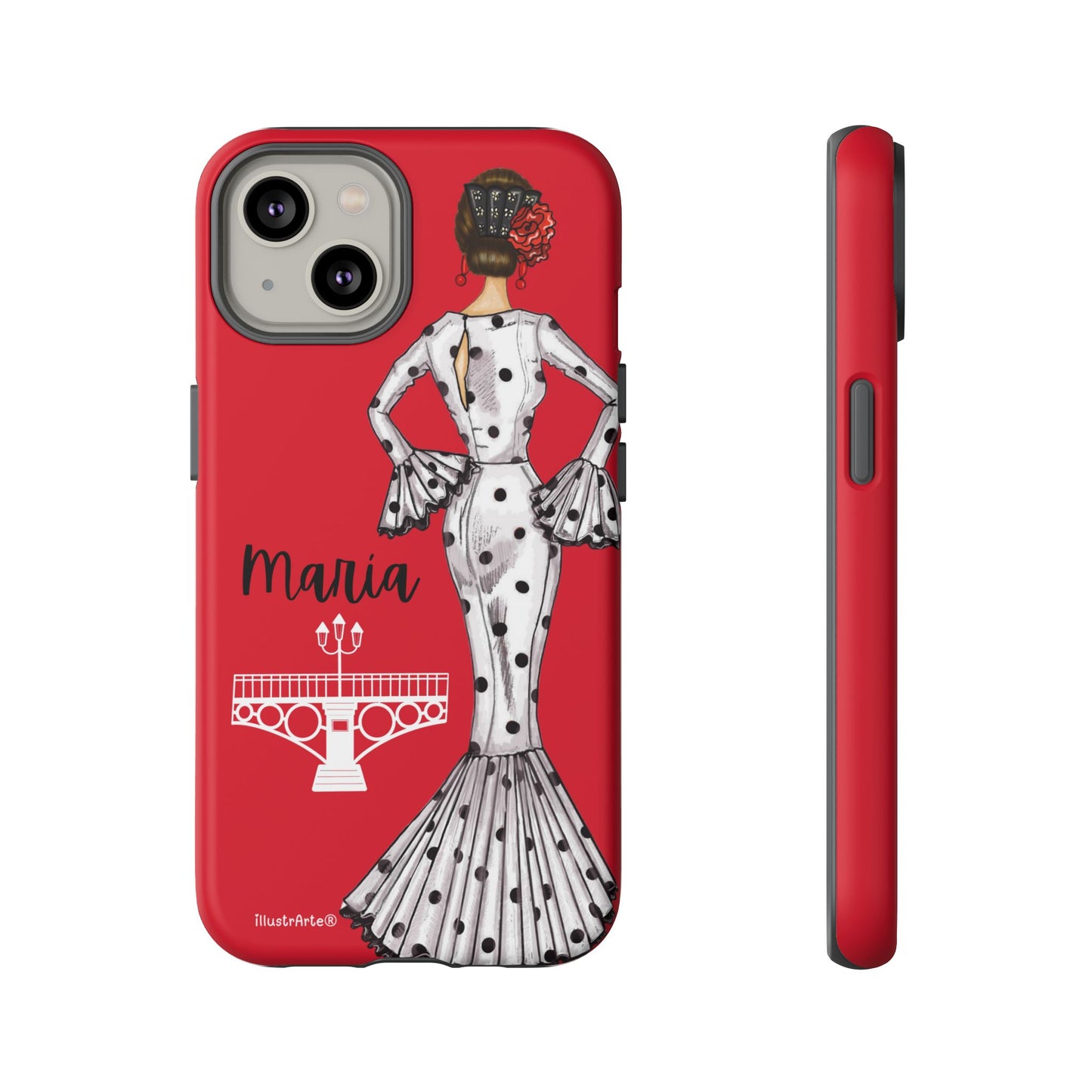 Funda de teléfono personalizada con el diseño de flamenca María, ideal para quienes desean un estilo único en su iPhone.