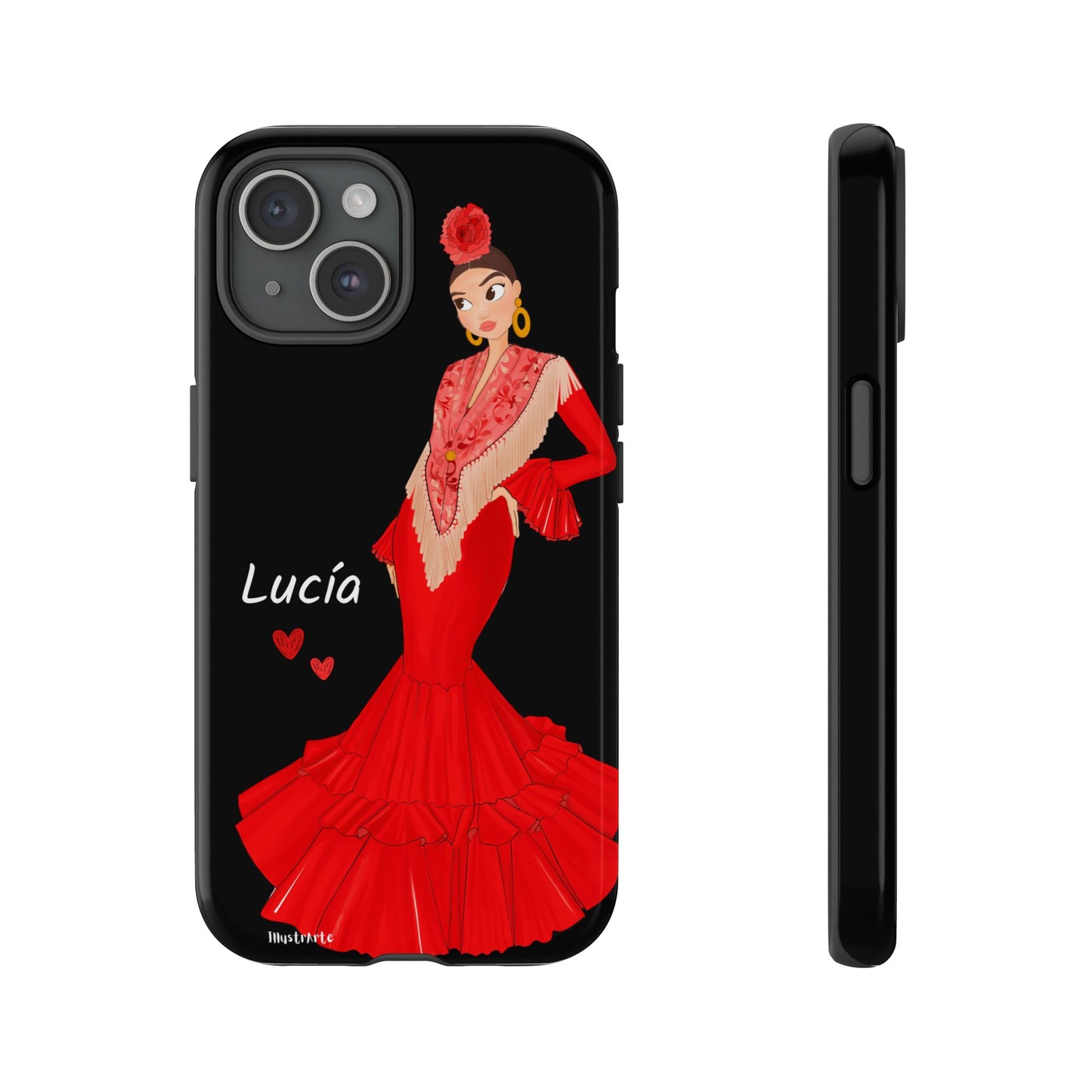 una funda de teléfono con una mujer en un vestido rojo