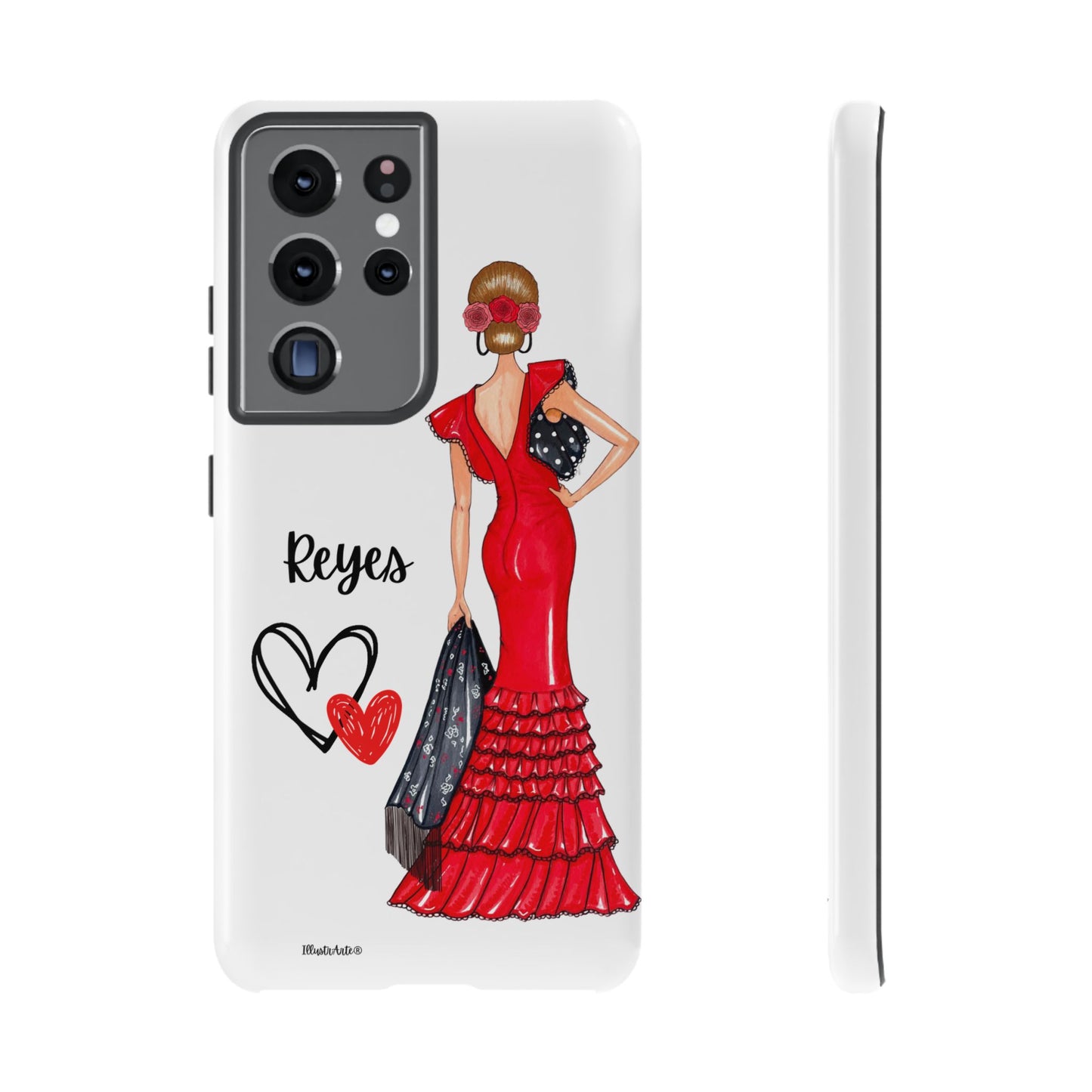 una funda de teléfono con una mujer en un vestido rojo