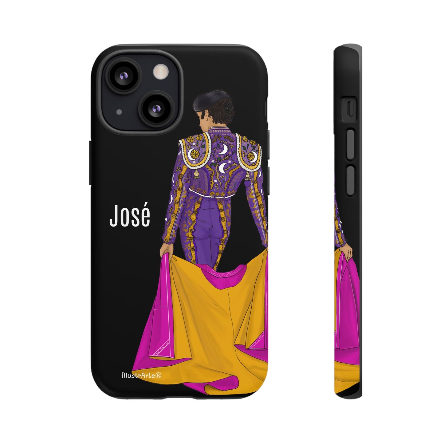 Personalized phone case featuring bullfighter José on a green background – for iPhone, Samsung, Pixel