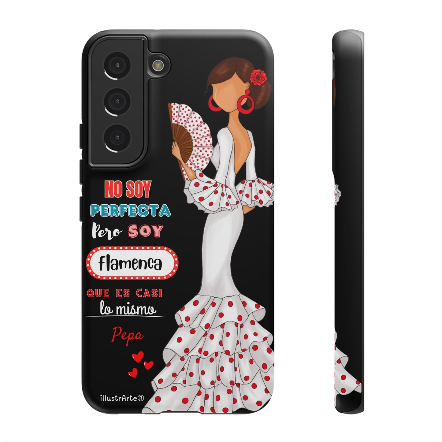 Funda de teléfono personalizable Pepa vestido blanco con frase – para iPhone, Samsung, Pixel