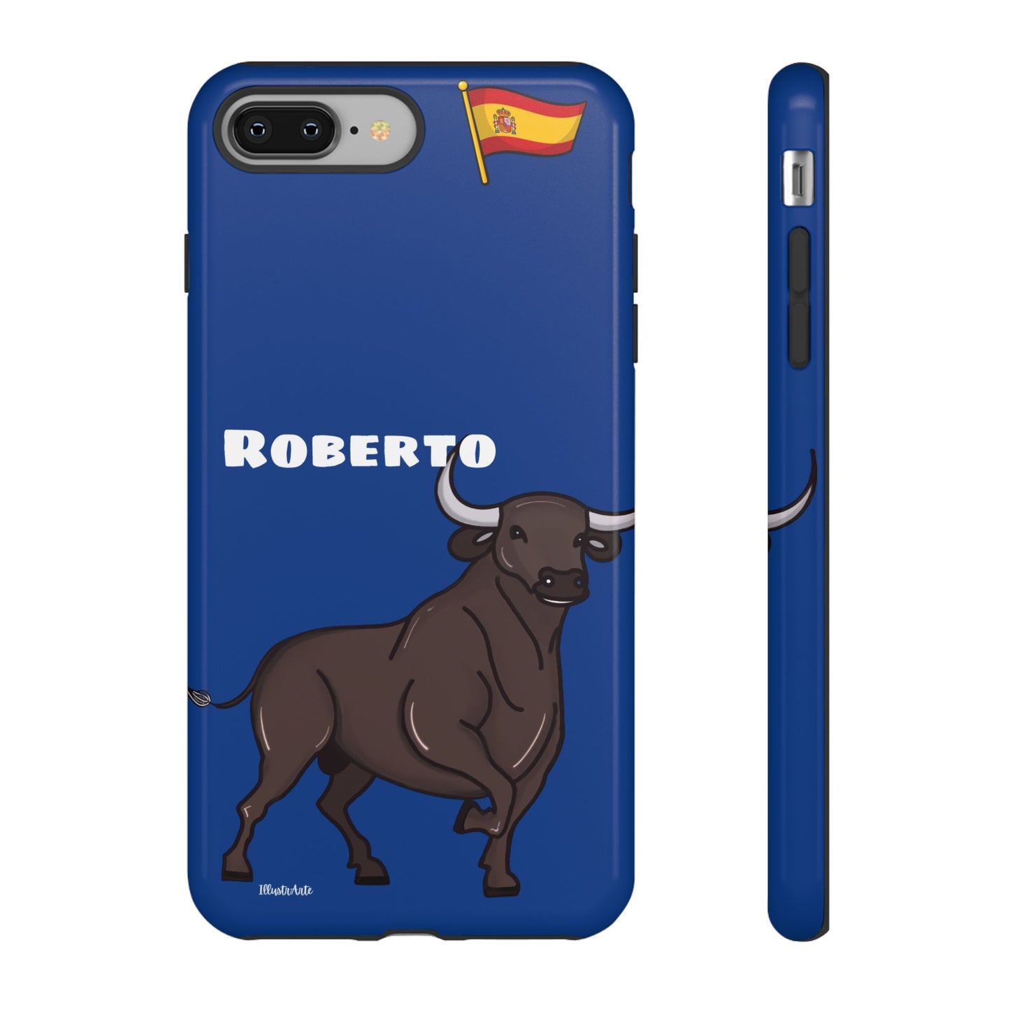 Detalle del acabado mate de la funda de teléfono personalizable con nombre/bandera/Virgen - Modelo Toro Roberto, ideal para iPhone y Samsung.