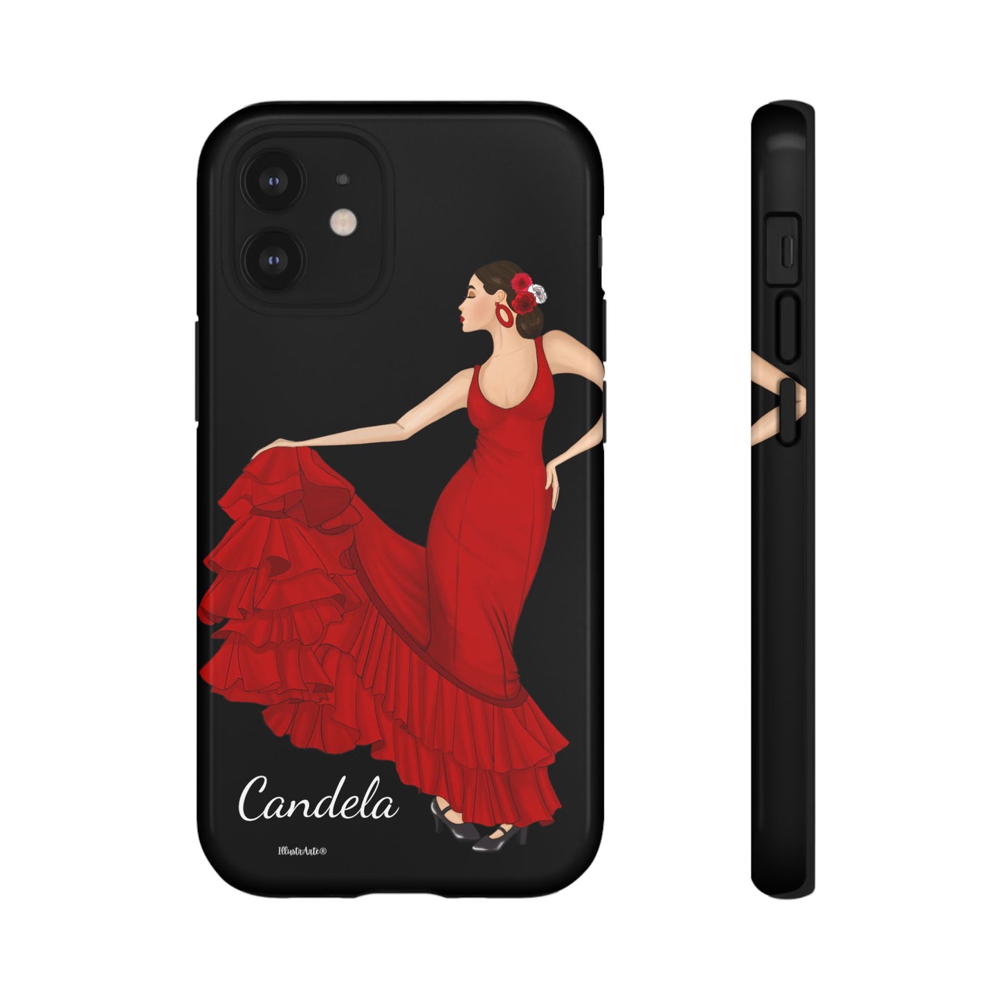 una funda de teléfono con una foto de una mujer en un vestido rojo