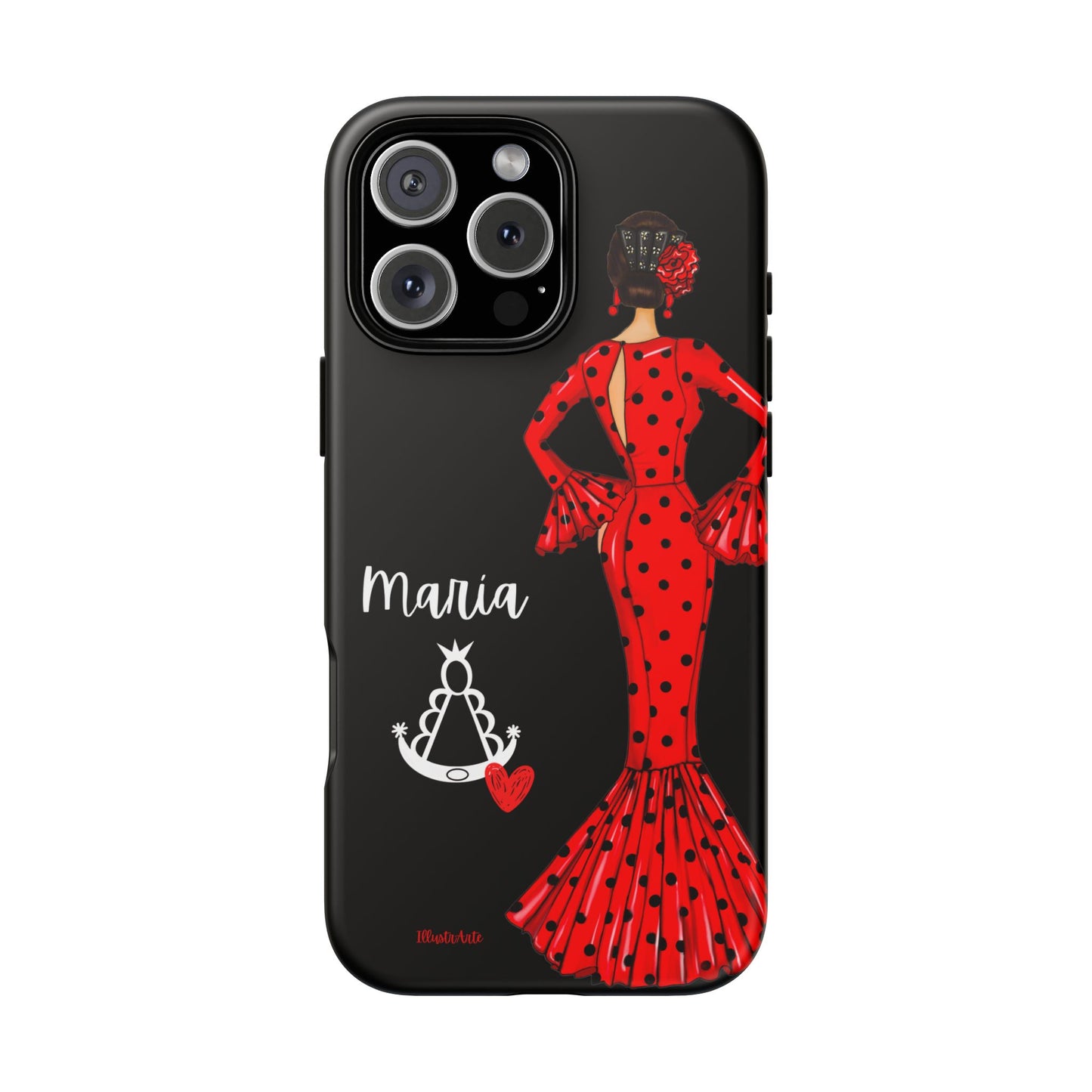 una funda de teléfono con una mujer en un vestido rojo