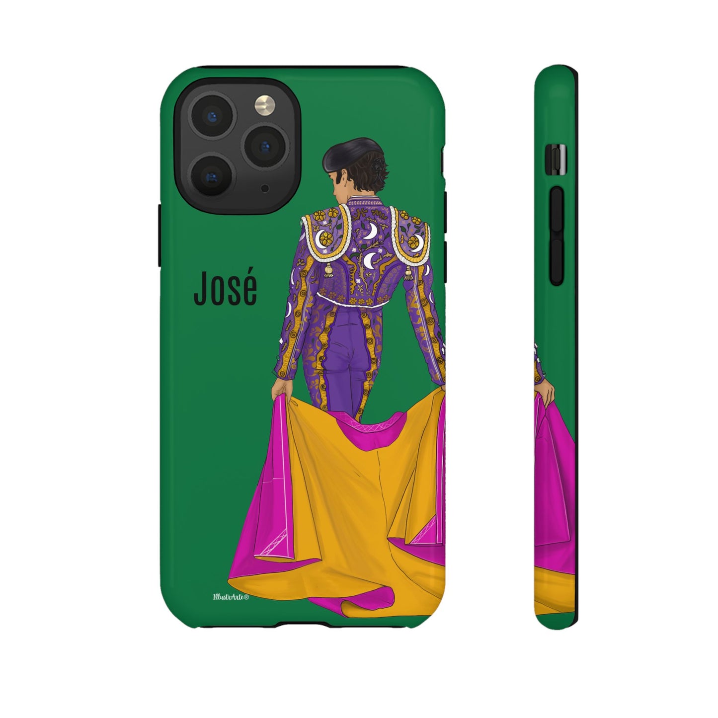 una funda de teléfono con una imagen de una mujer en un atuendo púrpura y amarillo