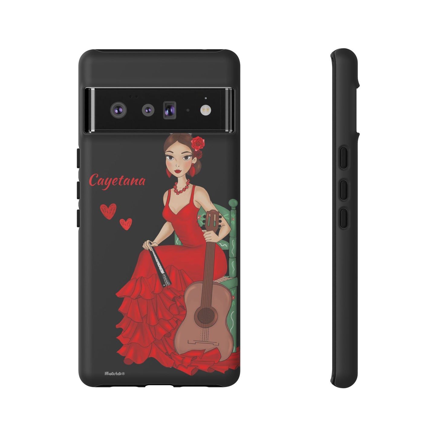 una funda de teléfono con una mujer en un vestido rojo sosteniendo una guitarra