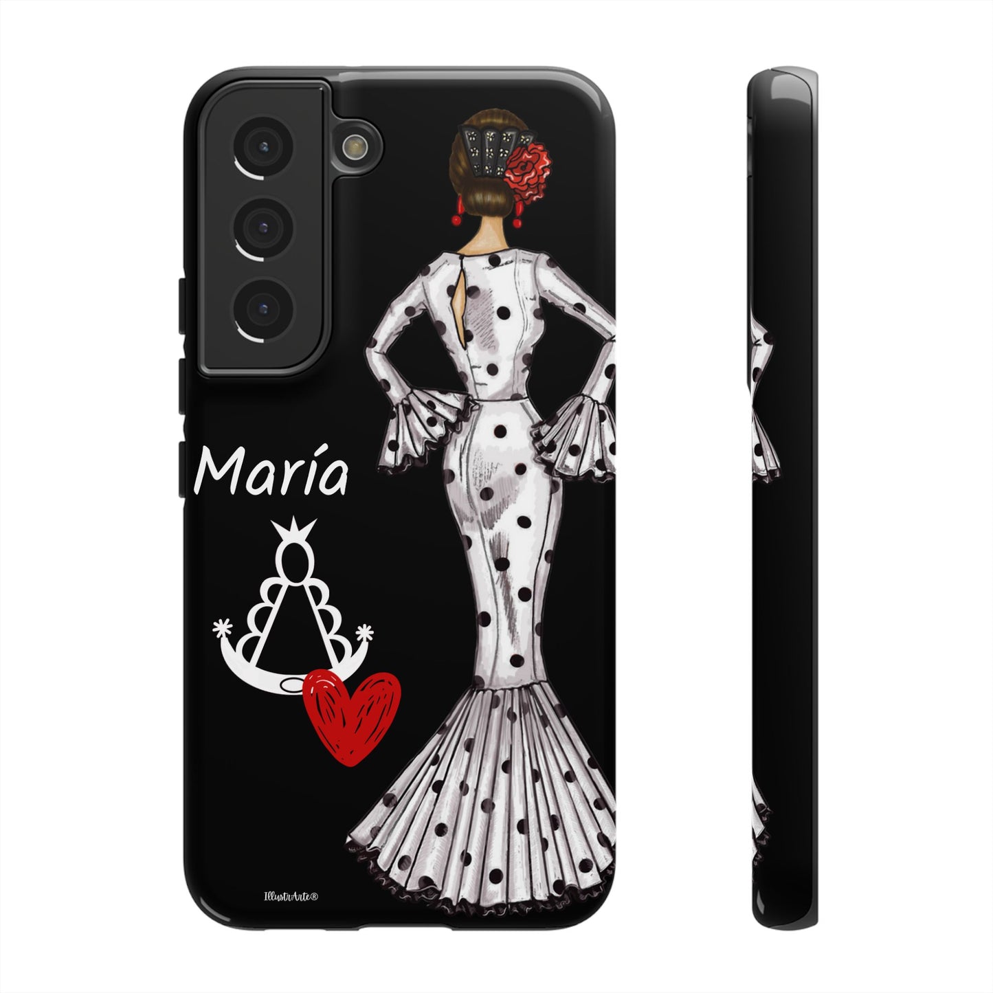 una funda de teléfono con una mujer en un vestido