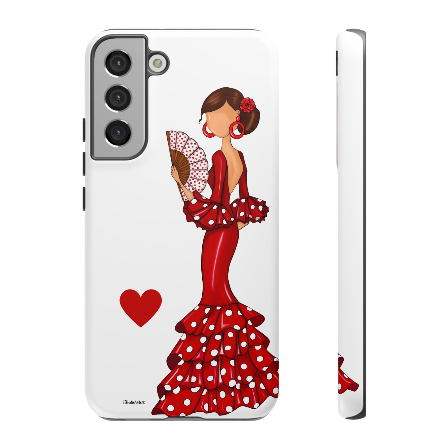 una funda de teléfono con una mujer en un vestido rojo sosteniendo un abanico