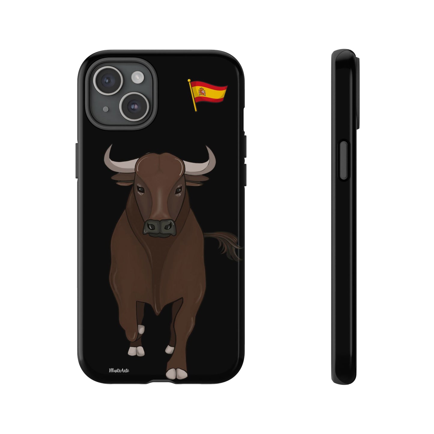 Funda de teléfono modelo toro Manuel en vista lateral, mostrando su material.