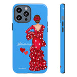 Personalised phone case flamenco dancer Macarena, blue background for iPhone 13 Pro Max, gloss finish – illustrArte