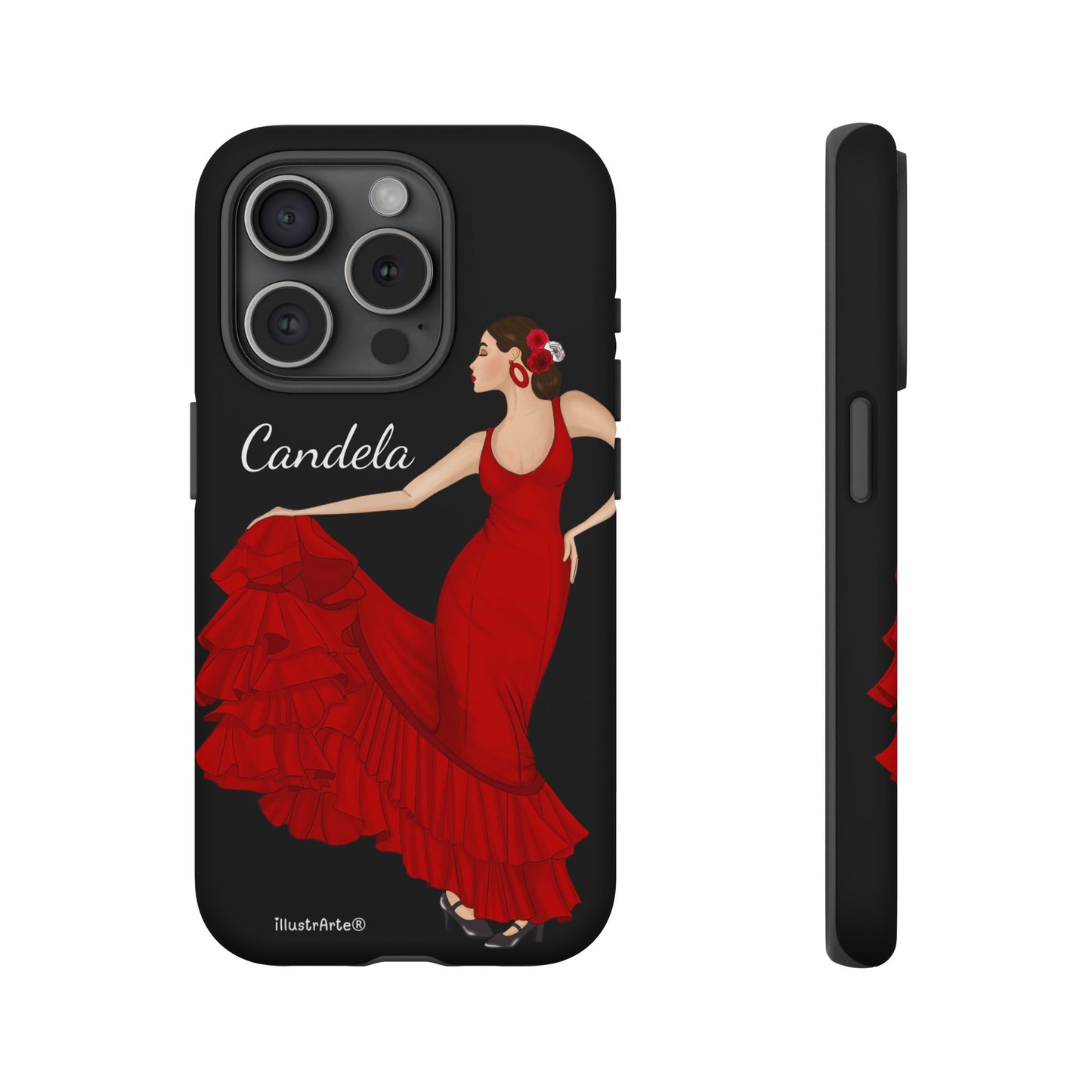 Capa de telefone personalizável. Modelo Candela com fundo preto. Para iPhone, Samsung Galaxy S e Google Pixel. 