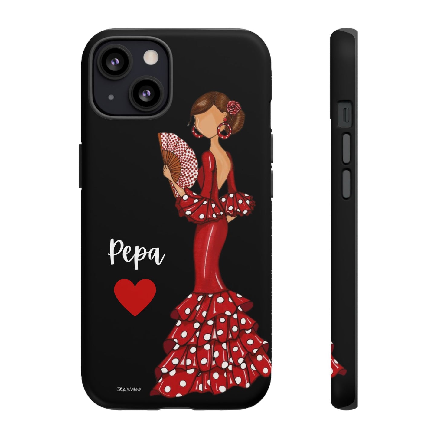 una funda de teléfono con una mujer en un vestido rojo