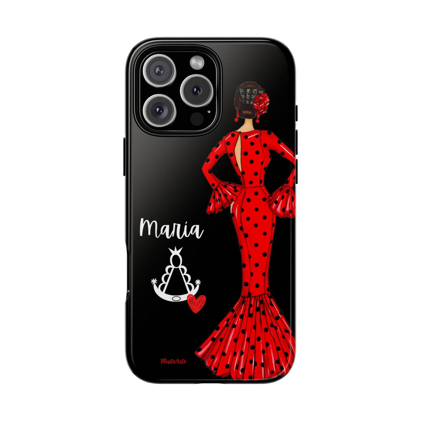 una funda de teléfono con una mujer en un vestido rojo