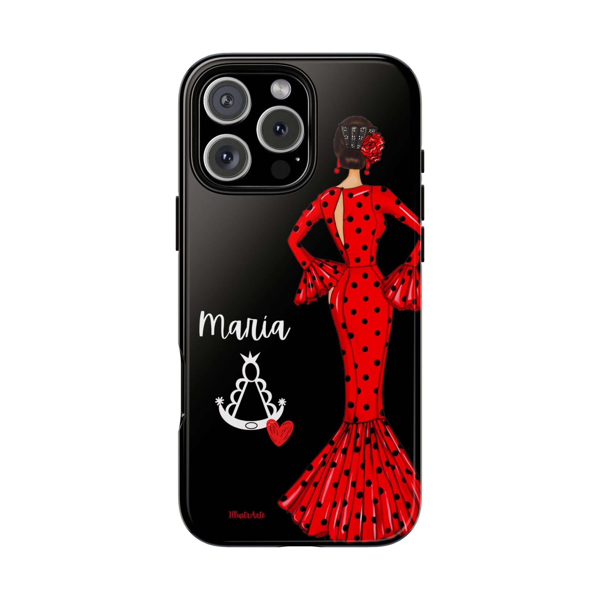 una funda de teléfono con una mujer en un vestido rojo