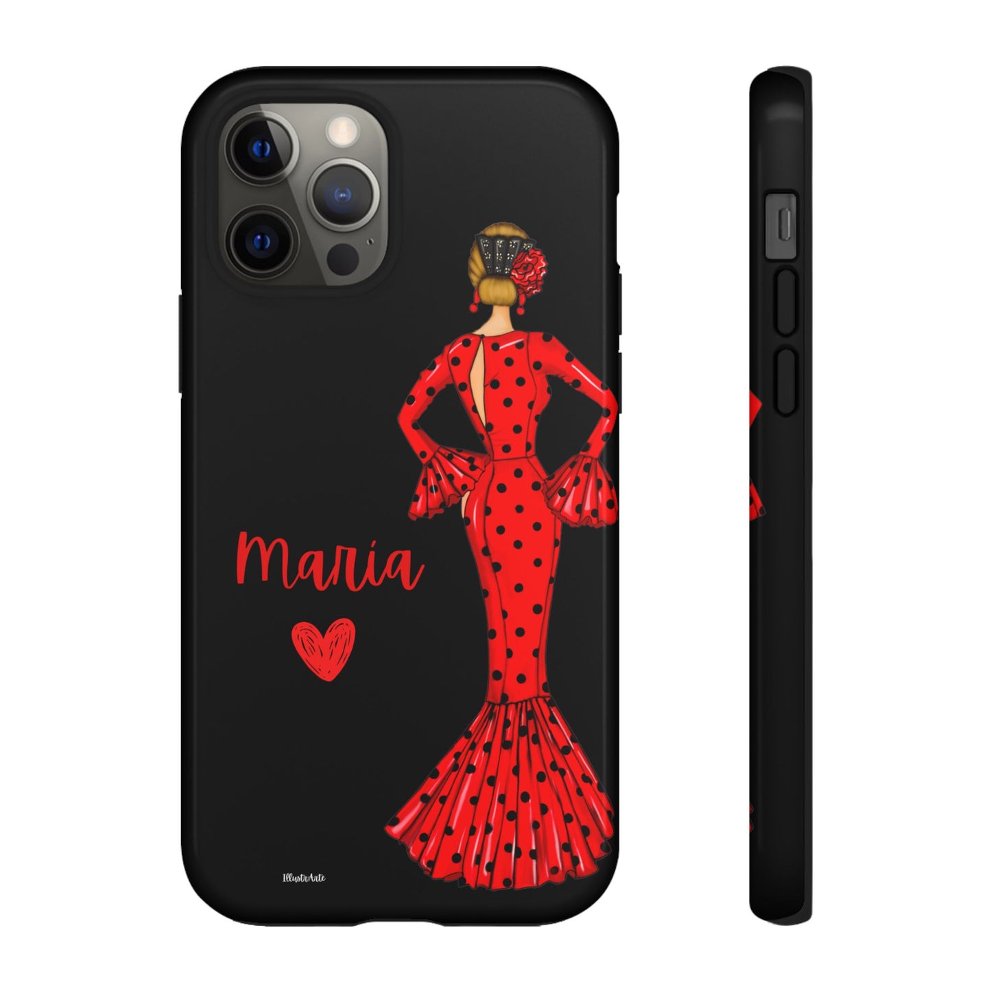 una funda de teléfono con una mujer en un vestido rojo