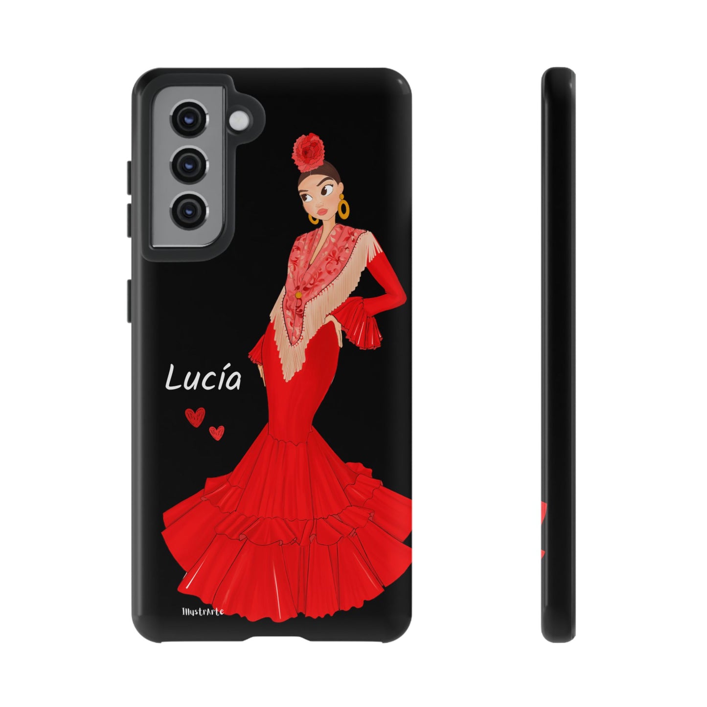 una funda de teléfono con una mujer en un vestido rojo