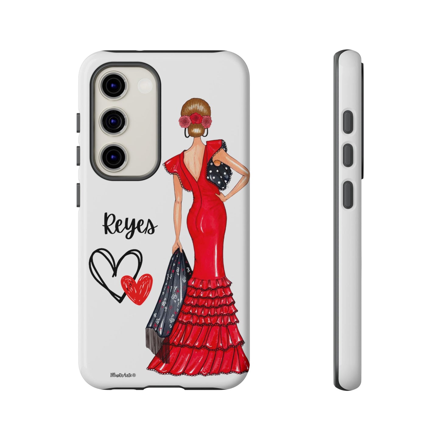 una funda de teléfono con una mujer en un vestido rojo