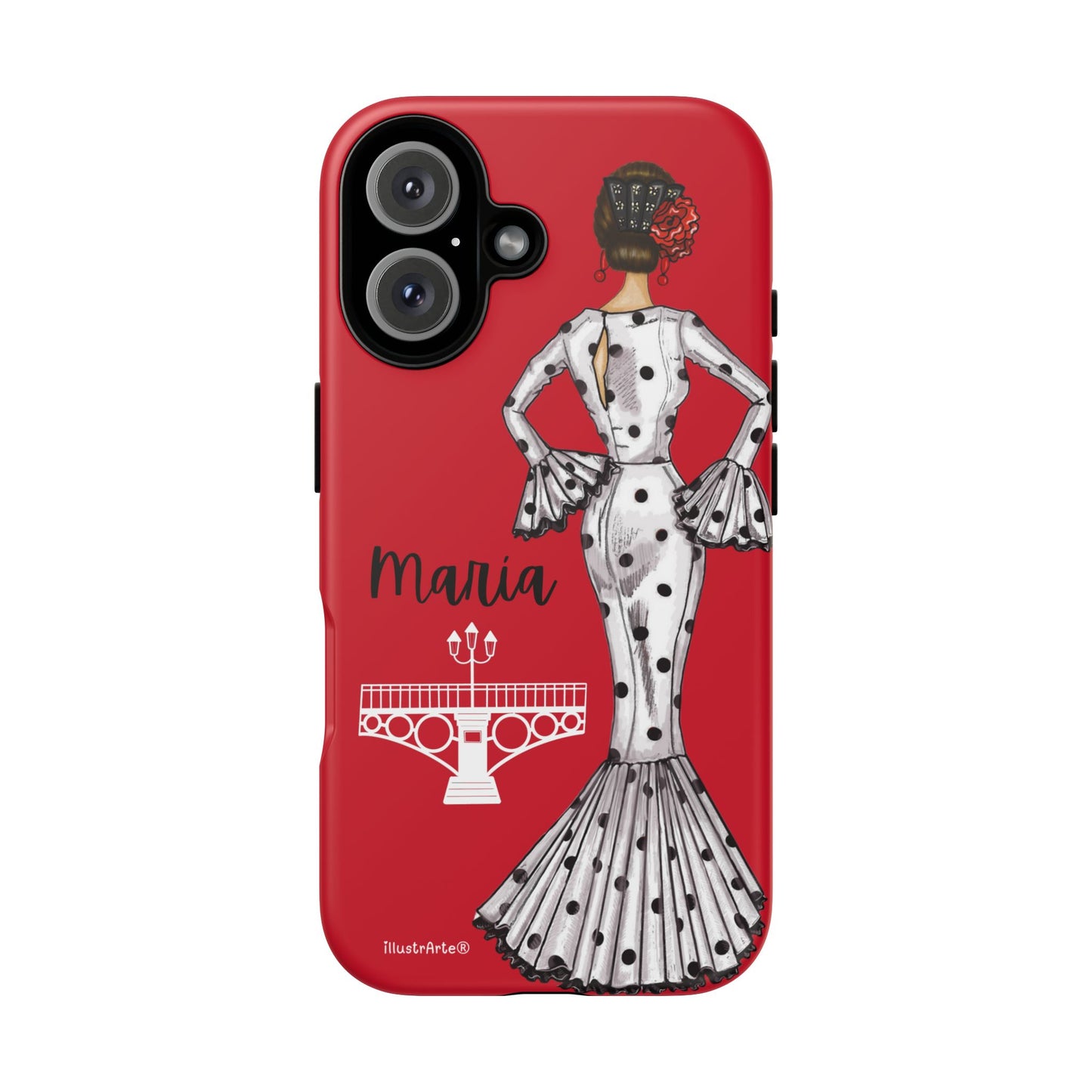 Fondo claro mostrando la funda de teléfono personalizable con la flamenca María, perfecta para iPhone.