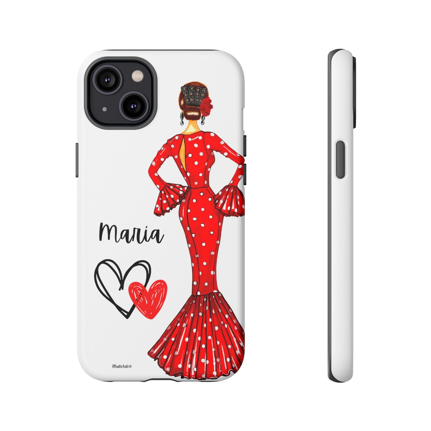 una funda de teléfono con una mujer en un vestido rojo