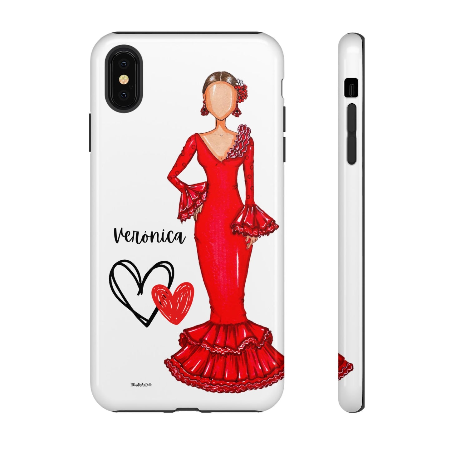 una funda de teléfono con una mujer en un vestido rojo